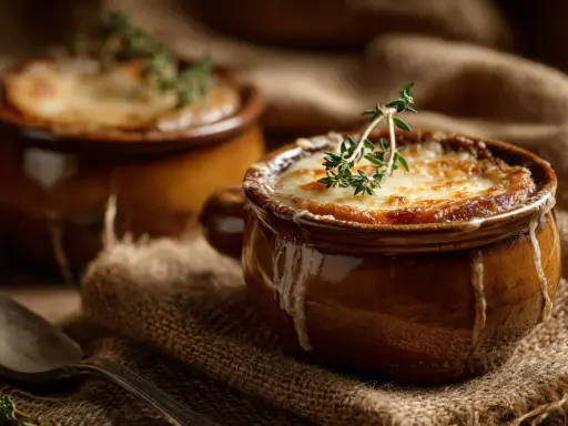 Zwei dampfende Schalen mit klassischer Zwiebelsuppe, überbacken mit Käse und garniert mit Thymian. Ein Löffel liegt daneben.