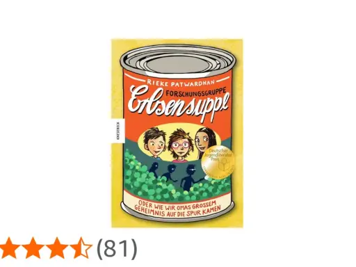 Buchcover: Eine Konserve mit Erbsensuppe, darauf drei Kinder und der Titel "Forschungsgruppe Erbsensuppe".