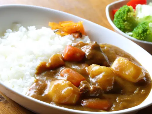 Ein Teller mit dampfendem Reis und herzhaftem Curry, das japanische Nationalgericht, mit zarten Fleischstücken, Kartoffeln und Karotten. Daneben ein kleiner Salat.