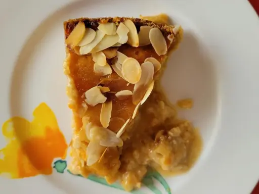 Ein Stück saftiger Aprikosenkuchen mit Mandeln, garniert mit gerösteten Mandelblättchen, auf einem Teller mit Blumenmuster.