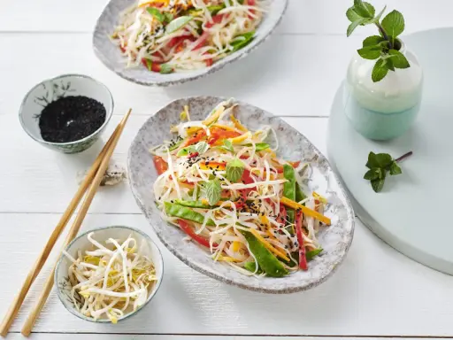 Frischer Glasnudelsalat mit knackigem Gemüse, garniert mit Sesam und Minze. Daneben Schüsselchen mit Sprossen und schwarzem Sesam.