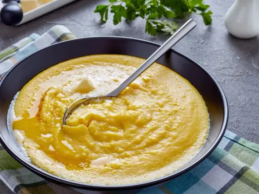 Eine Schüssel cremiger Polenta mit einem Stück Butter und einem Löffel. Was ist Polenta? Ein herzhaftes Maisgericht, das warm serviert wird.