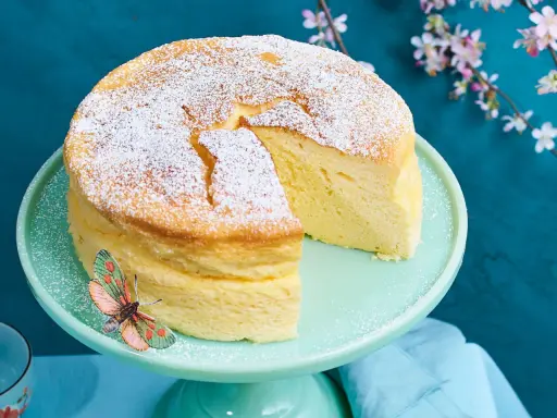 Ein luftiger, japanischer Kuchen, bestäubt mit Puderzucker, steht auf einem mintgrünen Tortenständer. Ein Schmetterling sitzt am Rand.