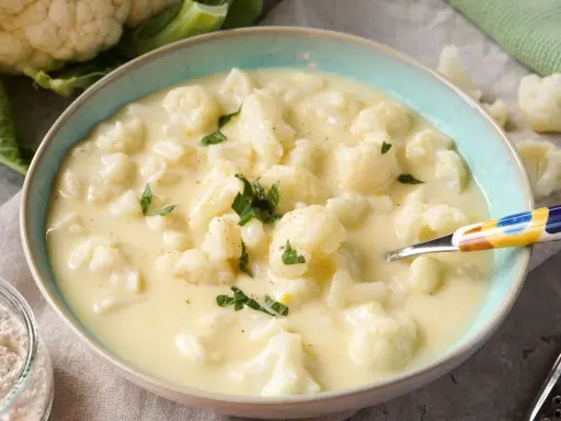Cremige blumenkohlsuppe thermomix ohne kartoffeln, garniert mit Petersilie. Ein Löffel mit buntem Muster liegt in der Schüssel.