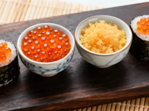 Zwei Sushi-Rollen mit Lachsrogen und eine Schale mit Masago, dem Rogen von Capelin-Fischen, daneben eine Schale mit Lachsrogen.