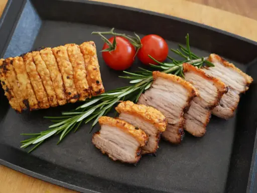 Knuspriger asiatischer Schweinebauch, in Scheiben geschnitten, mit Rosmarin und Kirschtomaten auf einer Gusseisenplatte serviert.