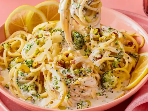 Cremige Pasta mit Brokkoli, garniert mit Pistazien und Zitronenspalten. Ein köstliches italienisches Gericht, das Lust auf mehr macht.