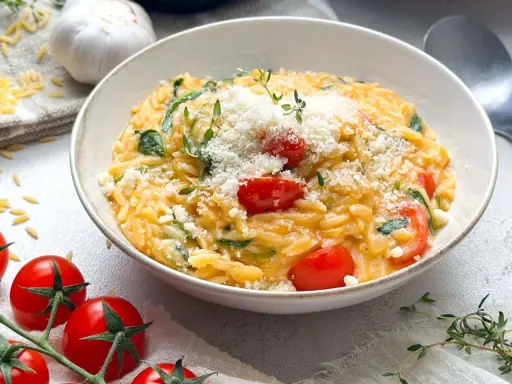 Cremiges One Pot Orzo mit Kirschtomaten, Spinat und Parmesan, garniert mit frischem Thymian.