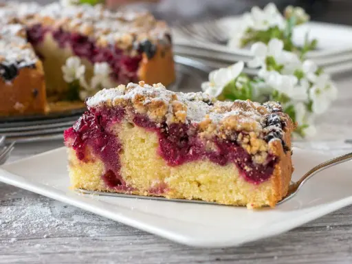 Ein saftiges Stück Streuselkuchen mit Marmelade und Puderzucker bestreut, bereit zum Genuss.