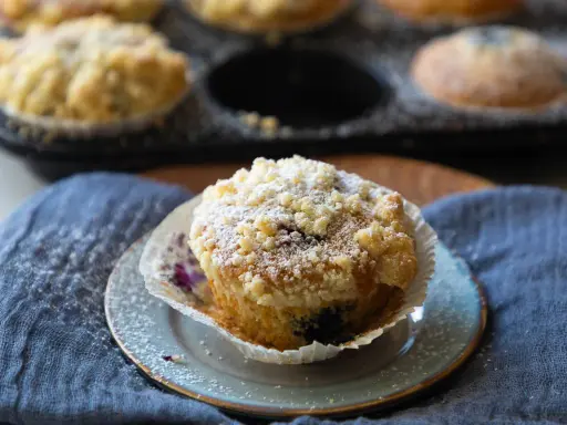 Saftige Blaubeermuffins mit Joghurt und Streuseln, bestäubt mit Puderzucker. Ein Genuss für jeden Kaffeetisch.