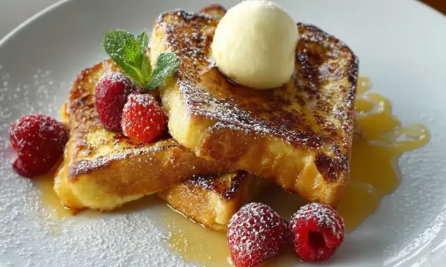 Goldbrauner Brioche French Toast mit Puderzucker, Himbeeren, Minze und einer Kugel Vanilleeis.
