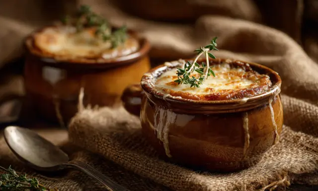 Zwei dampfende Schalen mit klassischer Zwiebelsuppe, überbacken mit Käse und garniert mit Thymian. Ein Löffel liegt daneben.