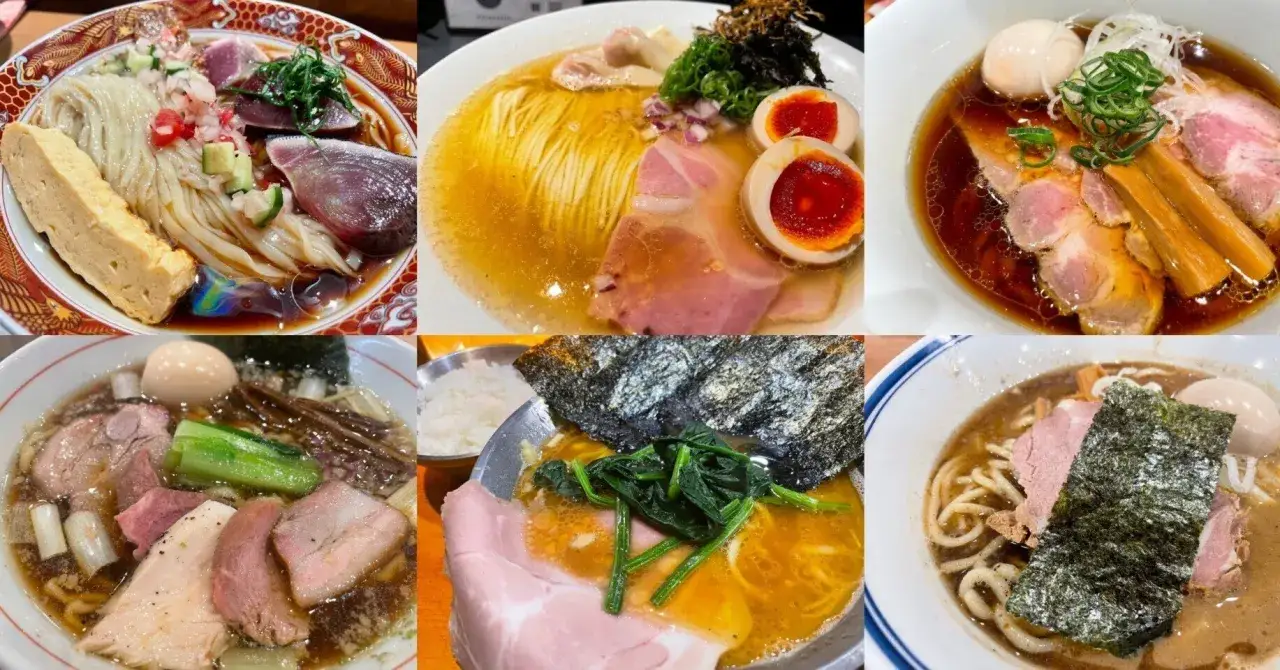 Sechs köstliche Ramen-Schüsseln mit verschiedenen Toppings wie Fleisch, Ei und Gemüse. Ein Fest für Ramen-Liebhaber!