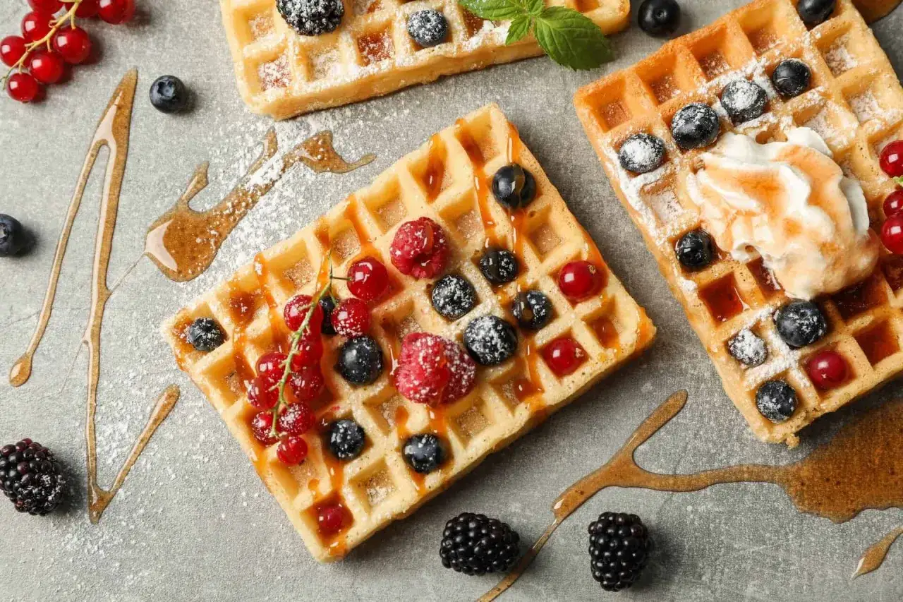 Waffeln mit Beeren und Sirup, verfeinert mit einem Hauch Kokosmilch. Ein süßer Genuss!