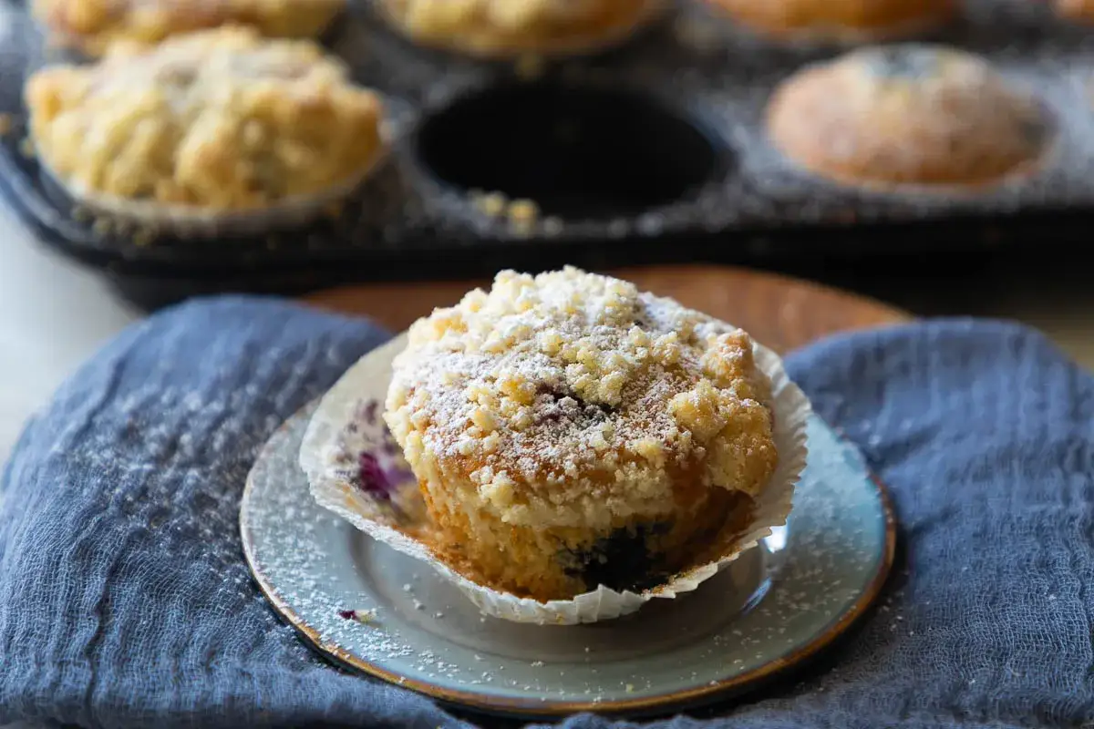 Saftige blaubeermuffins mit Joghurt und Streuseln, bestäubt mit Puderzucker. Ein Genuss für jeden Kaffeetisch.