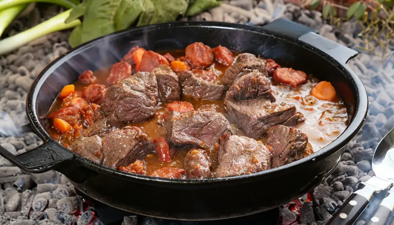 Herzhaftes Boeuf Bourguignon Rezept in einem Gusseisentopf über glühender Kohle. Zarte Rindfleischstücke schmoren mit Karotten und Speck.