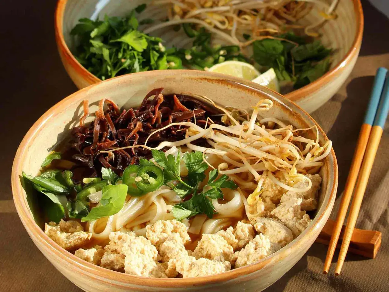 Eine Schüssel mit Pho Chay, gefüllt mit Reisnudeln, Tofu, Sprossen, Pilzen und Kräutern. Daneben liegen Stäbchen.