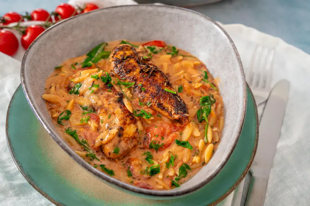 Cremiges One Pot Orzo mit zarten H&auml;hnchenbruststreifen, Tomaten und Spinat, garniert mit frischer Petersilie.