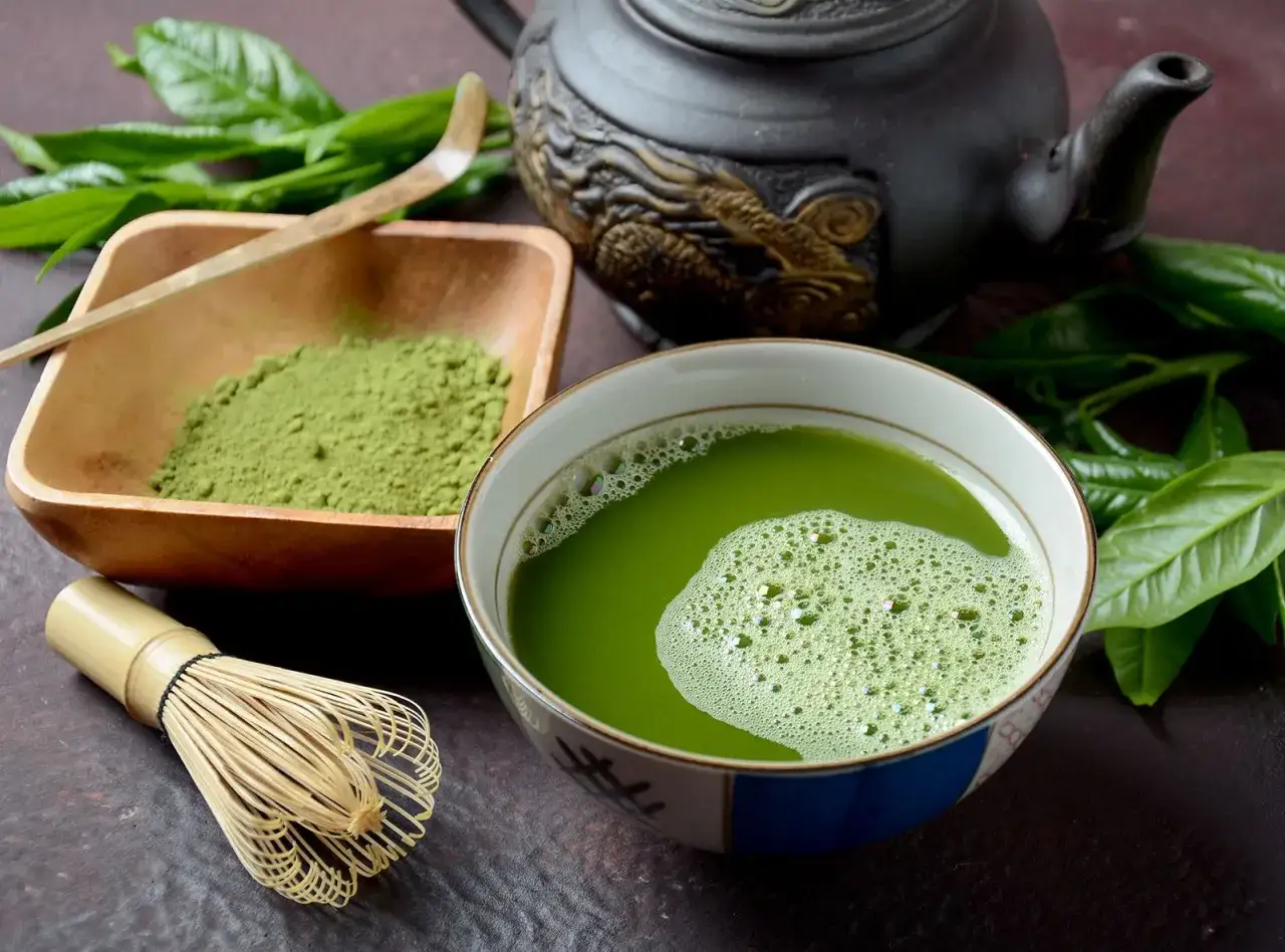 Grüner Matcha-Tee, Pulver und Bambusbesen. Die Zubereitung verrät, woher Matcha kommt: aus Japan.