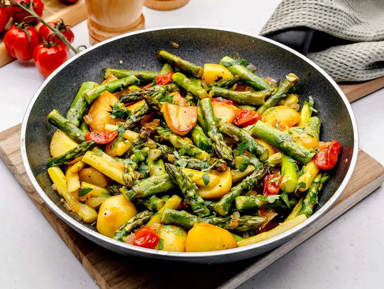 Bratspargel mit Kartoffeln und Kirschtomaten in einer Pfanne. Perfekte Spargel Rezepte Mittagessen für einen leichten Genuss.