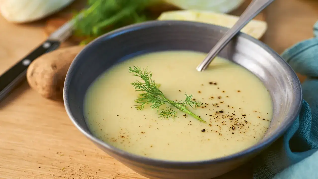 Cremige Fenchelsuppe mit Dill und Pfeffer, ein köstliches Rezept für kalte Tage. Zutaten wie Kartoffeln und Fenchel sind sichtbar.