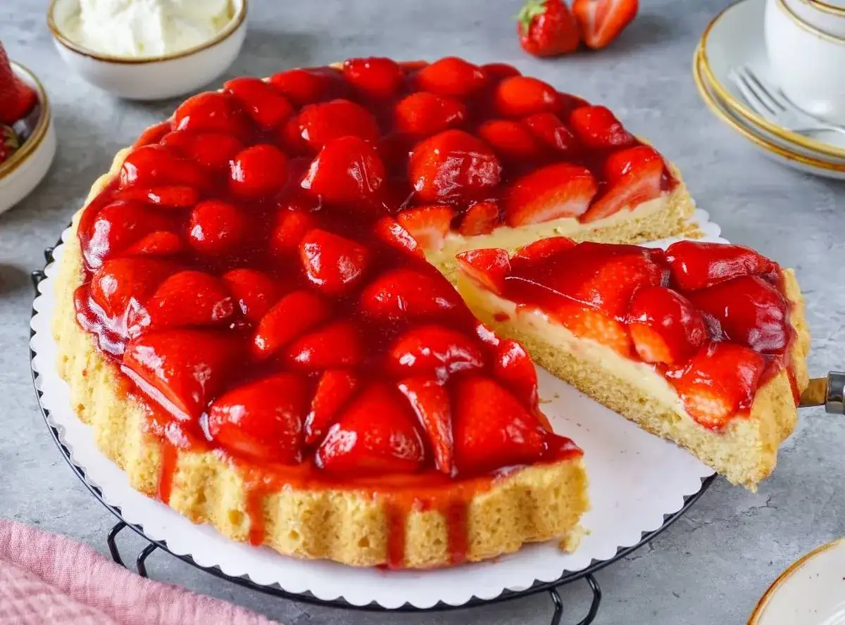 Ein saftiger Erdbeerkuchen mit viel frischen Früchten und Tortenguss. Perfekt für den schnellen Genuss, wenn die Erdbeeren Saison haben.