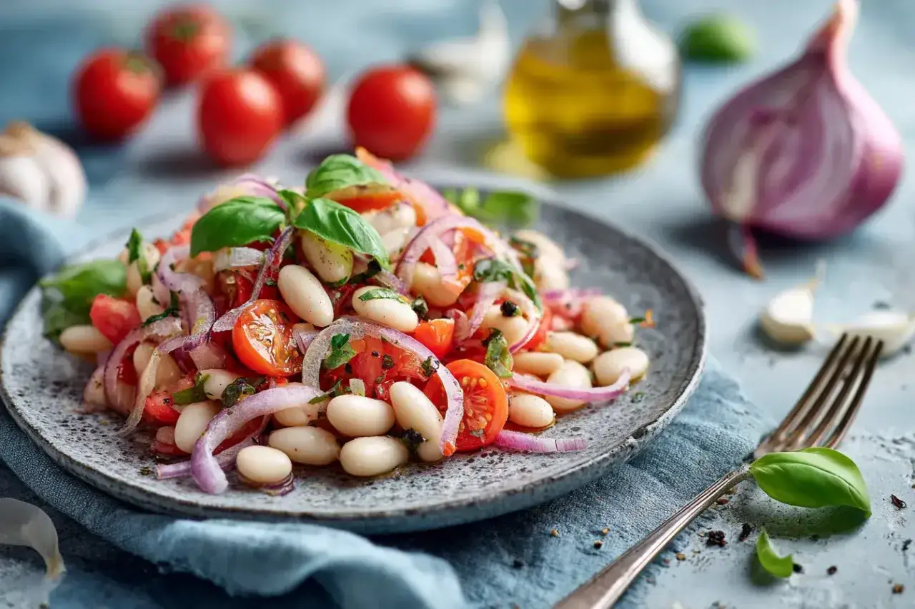 Frischer weisse bohnen salat mit Tomaten, roten Zwiebeln und Basilikum auf einem grauen Teller, garniert mit Kr&auml;utern.