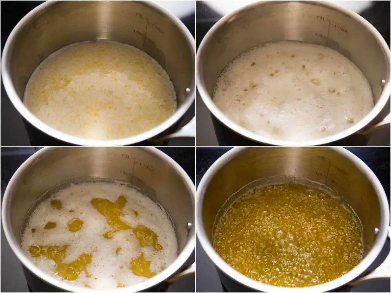 Vier Bilder zeigen, wie Butterschmalz erhitzt wird. Die Schaumbildung nimmt zu, was auf den steigenden Rauchpunkt hinweist.