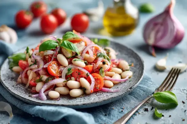 Ein frischer weisse bohnen salat mit Tomaten, roten Zwiebeln und Basilikum, garniert mit Olivenöl und Gewürzen.