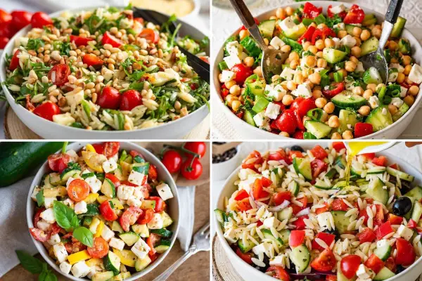 Vier Schüsseln mit bunten, frischen Salaten, die sich perfekt für moderne Salate Rezepte eignen. Mit Orzo-Nudeln, Gemüse und Feta.