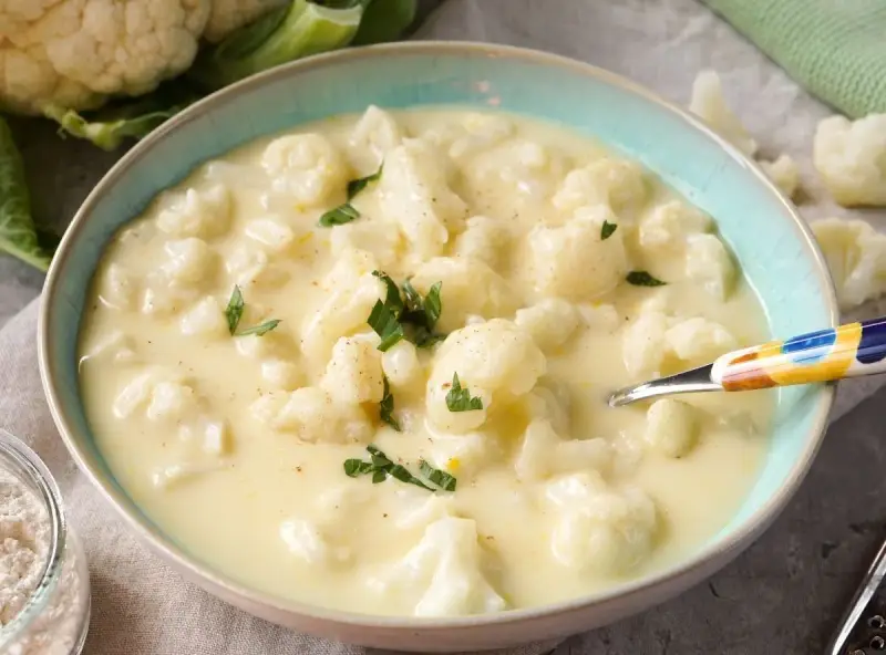 Cremige blumenkohlsuppe thermomix ohne kartoffeln, garniert mit Petersilie. Ein Löffel mit buntem Muster liegt in der Schüssel.